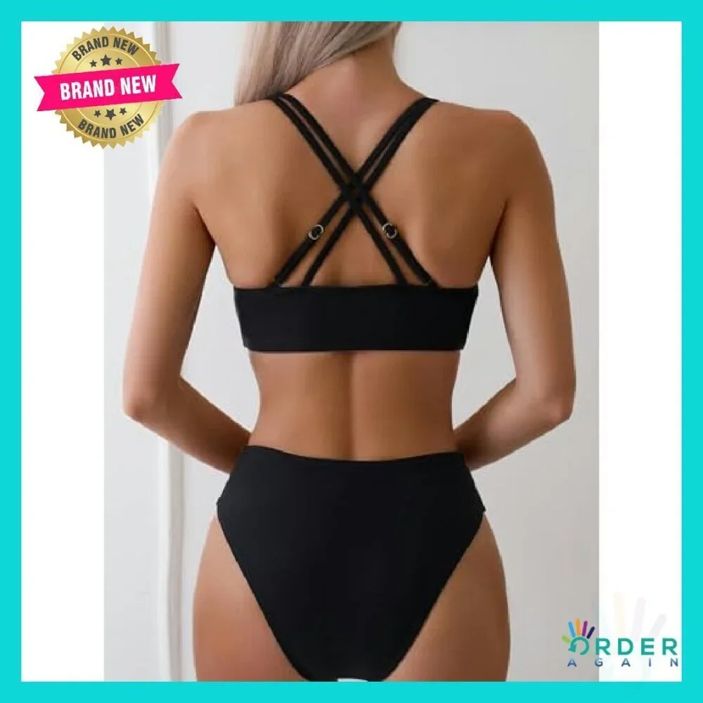 Sexy V Neck Bikini Set Hollow Out Cutout Mid Waist Two Piece Swimsuit